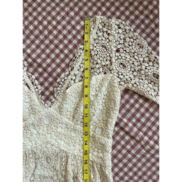 Kite & Butterfly Ivory Crochet Lace Wedding Gown, Train, Deep V, 3/4 Sleeve SZ M - Picture 9 of 16